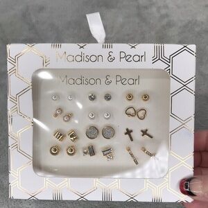 12 Pairs of Gold Tone Studs  Madison & Pearl  Sealed